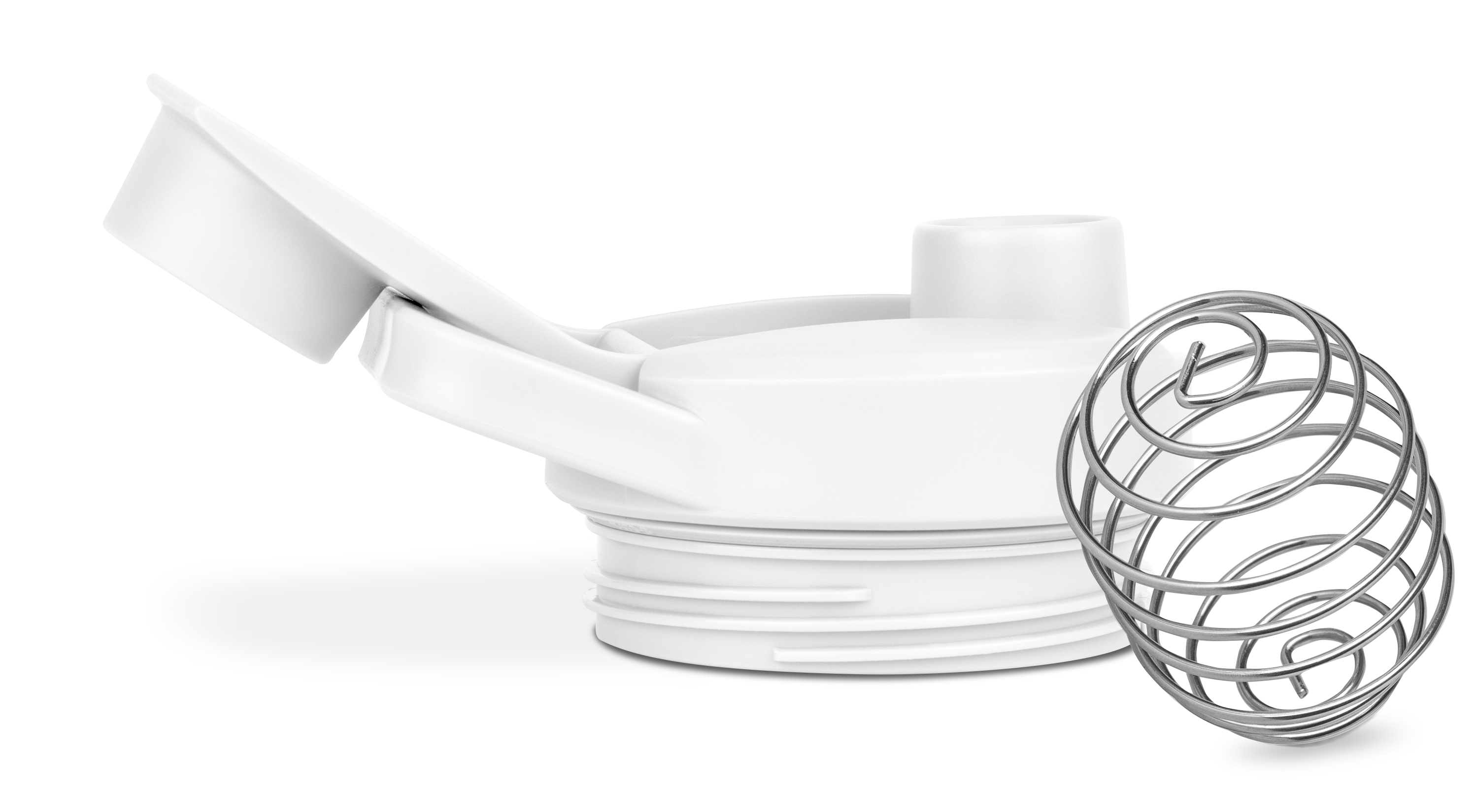 White stainless steel whisk on bright white background