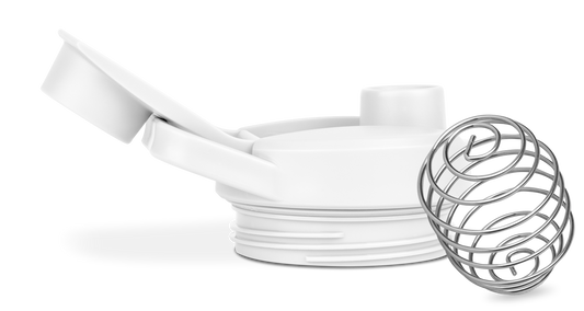White stainless steel whisk on bright white background