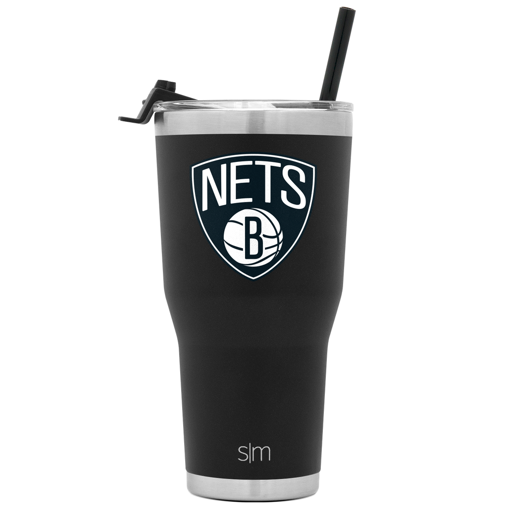 Black stainless steel tumbler with brushed metallic rim and base, featuring a white Brooklyn Nets logo