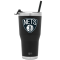 Black stainless steel tumbler with brushed metallic rim and base, featuring a white Brooklyn Nets logo
