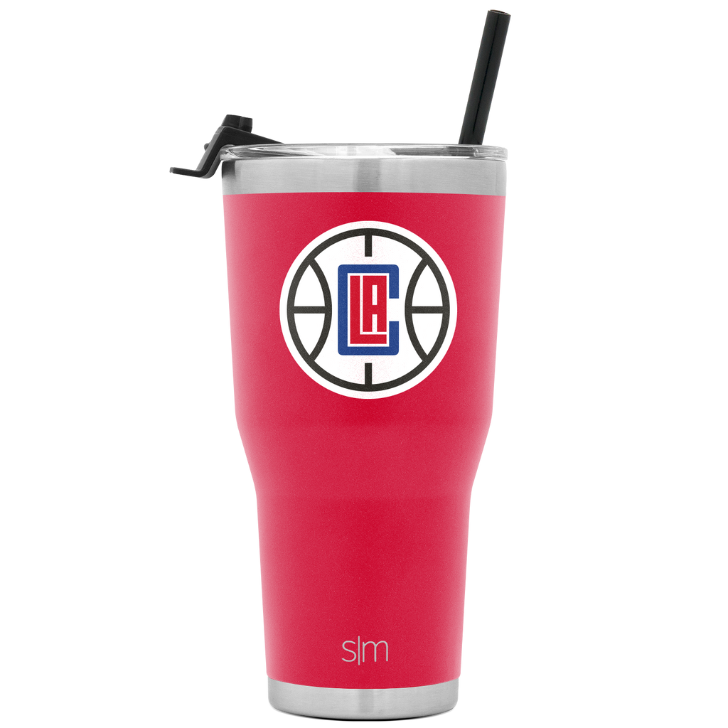 Hot pink coral tumbler with brushed stainless steel silver bands at top and bottom, matching metallic lid and straw included.