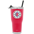 Hot pink coral tumbler with brushed stainless steel silver bands at top and bottom, matching metallic lid and straw included.