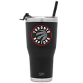 Matte black insulated tumbler with stainless steel silver rim accents at top and bottom edges, featuring a black lid.