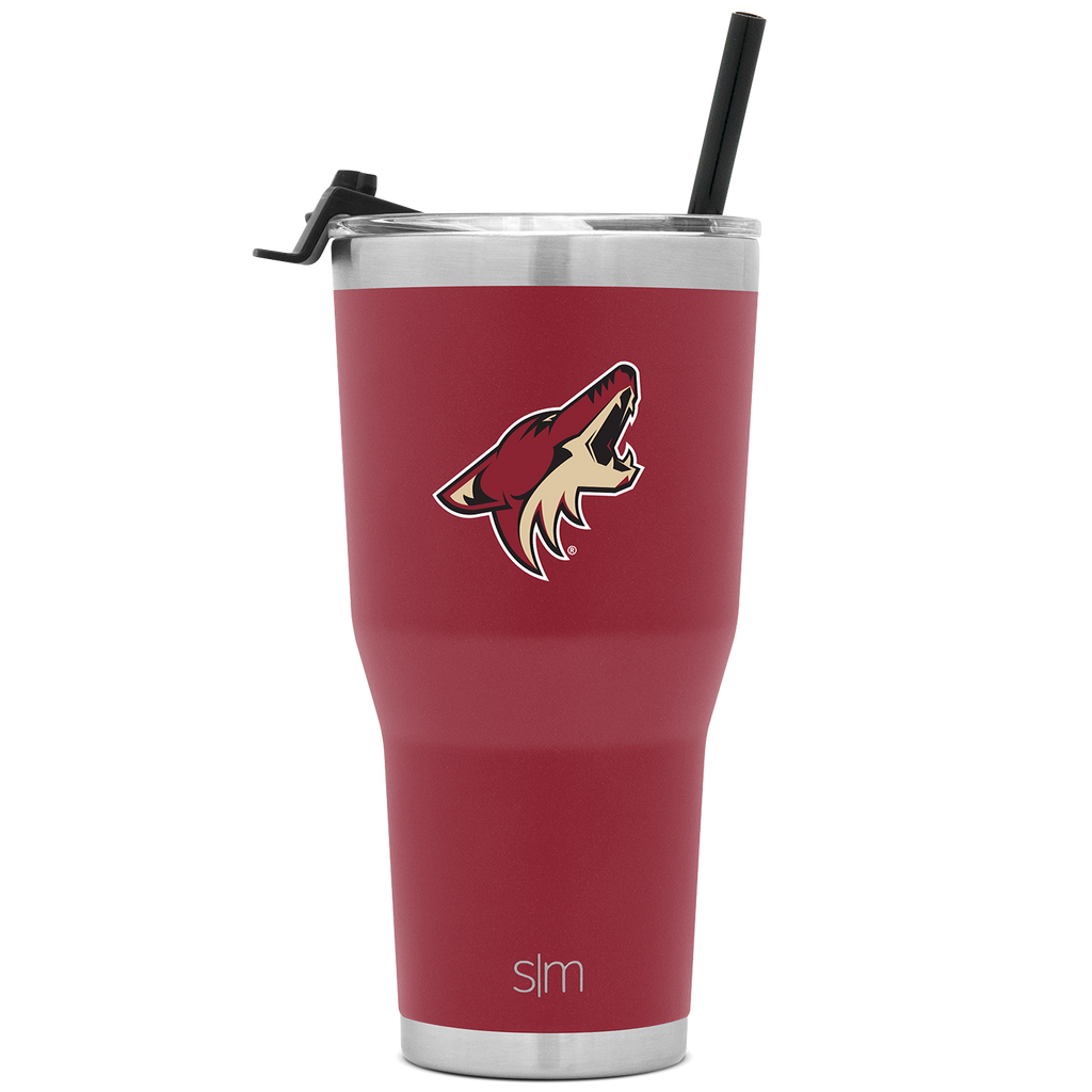 Deep burgundy insulated tumbler with silver stainless steel rim and base, photographed against white background