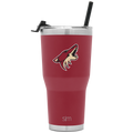 Deep burgundy insulated tumbler with silver stainless steel rim and base, photographed against white background