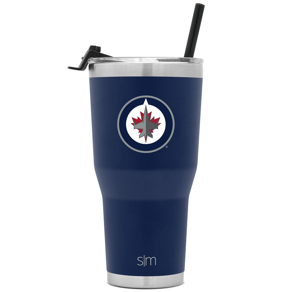 Deep navy blue tumbler with brushed stainless steel silver gray bands on top and bottom edges