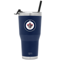 Deep navy blue tumbler with brushed stainless steel silver gray bands on top and bottom edges