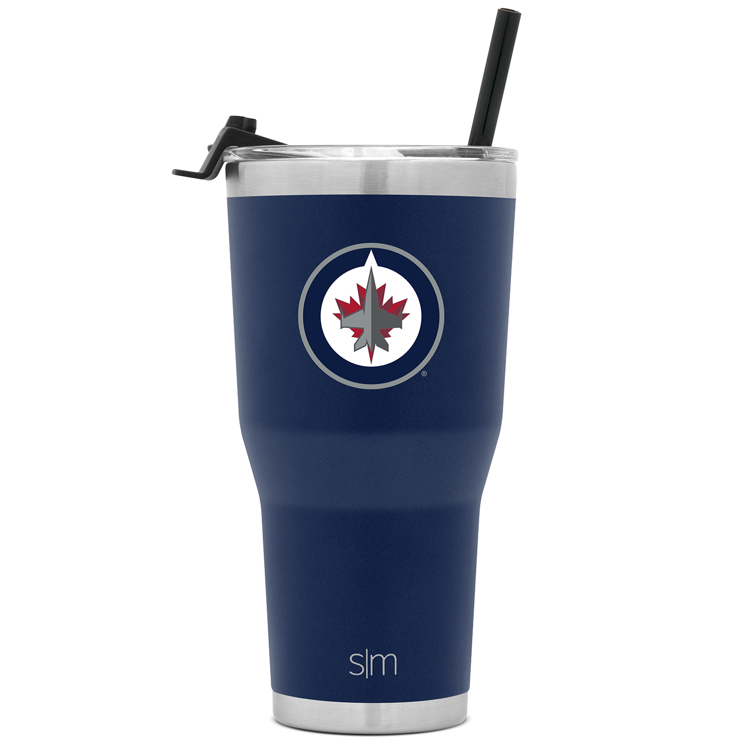 Deep navy blue tumbler with brushed stainless steel silver gray bands on top and bottom edges