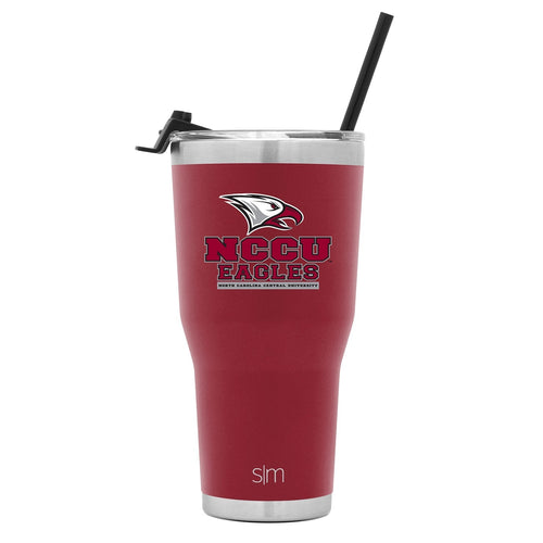 Burgundy tumbler with brushed stainless steel rim, lid, and base band, featuring a black straw
