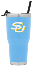 Simple Modern tumbler with sky blue body and brushed stainless steel rim