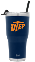 Navy blue insulated tumbler with brushed stainless steel rim and base, featuring bright orange UTEP logo graphics