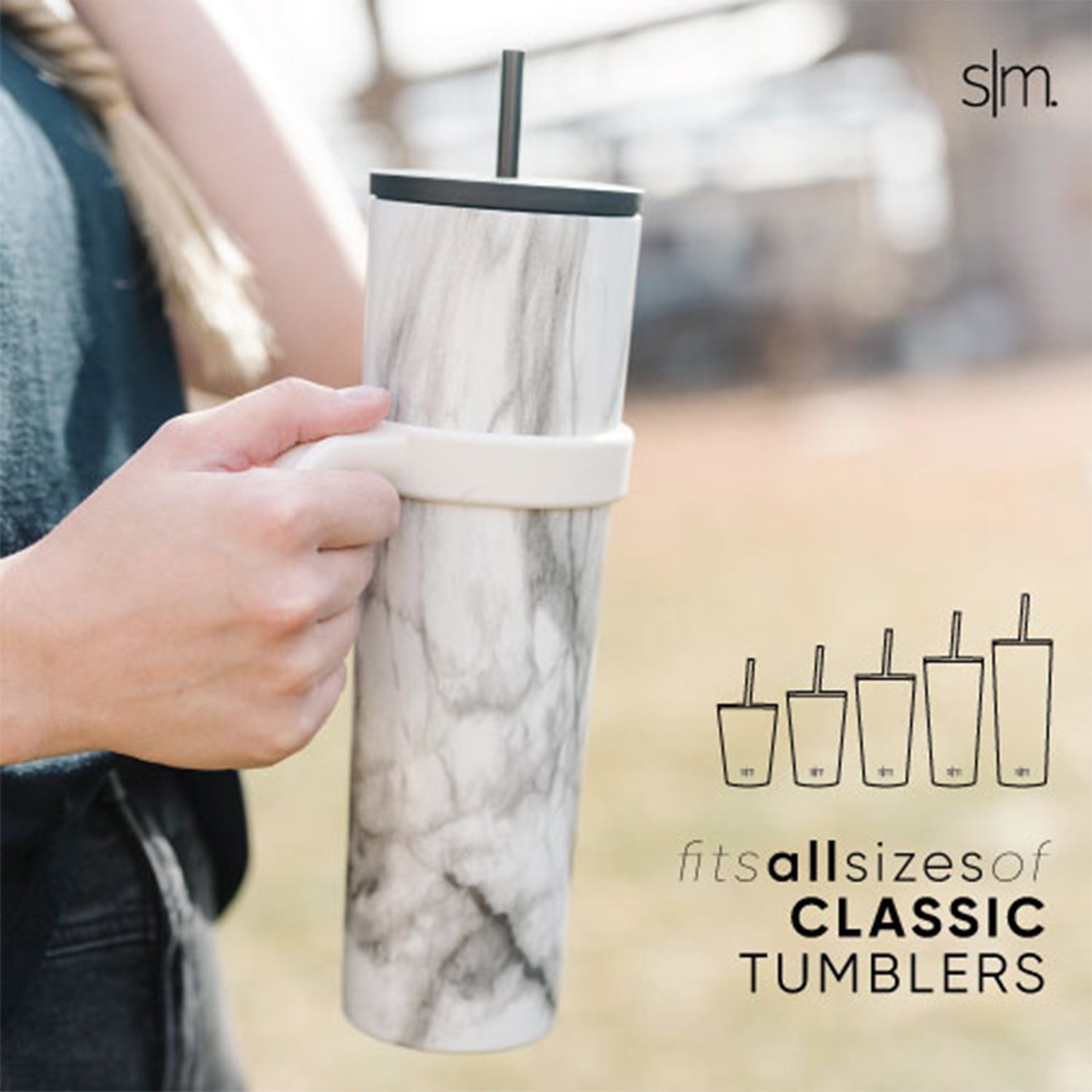 Light gray marble-patterned tumbler with darker gray veining on white background, showcasing classic handle design with soft cool-toned color palette.