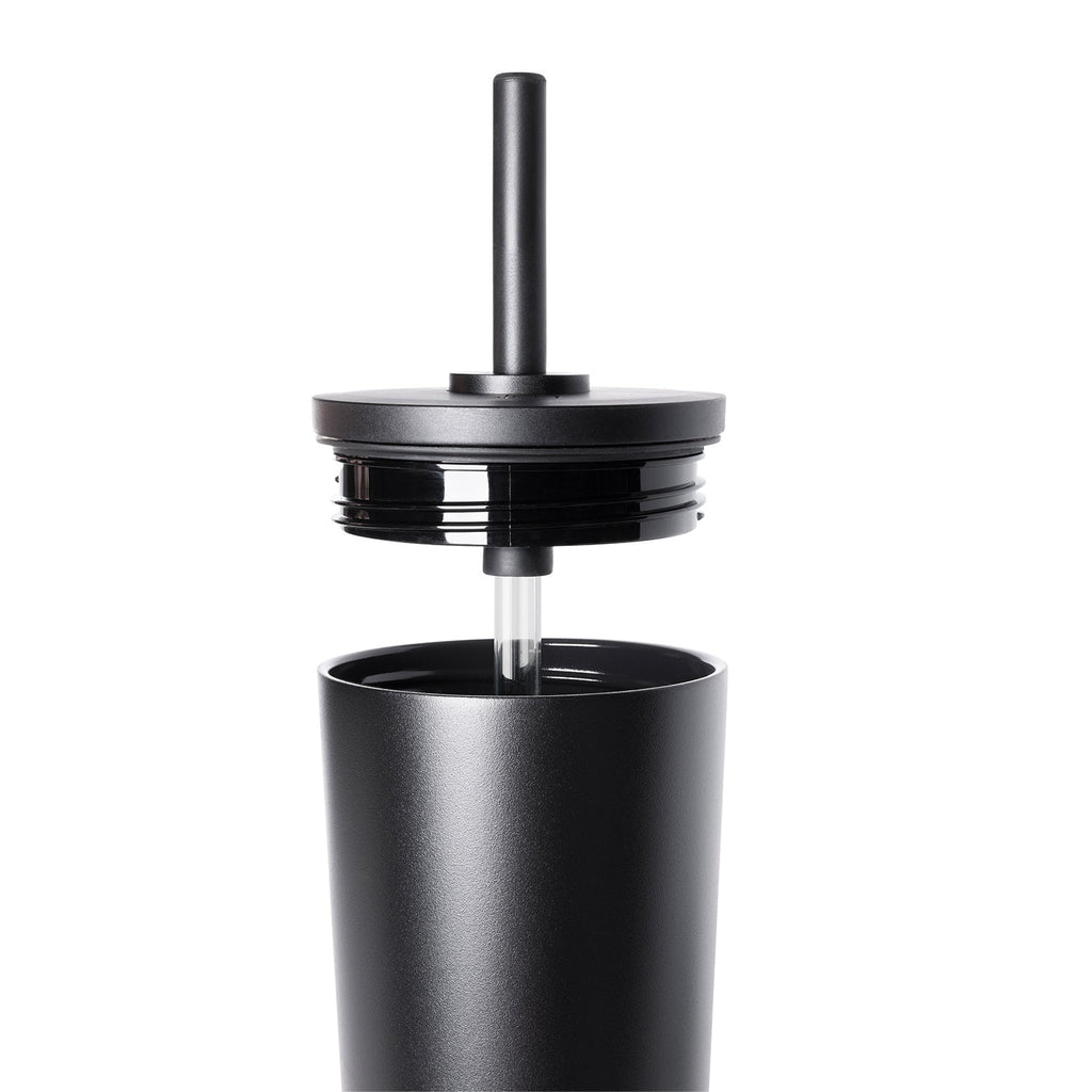 Matte black insulated drinkware with white lid shown against white background.