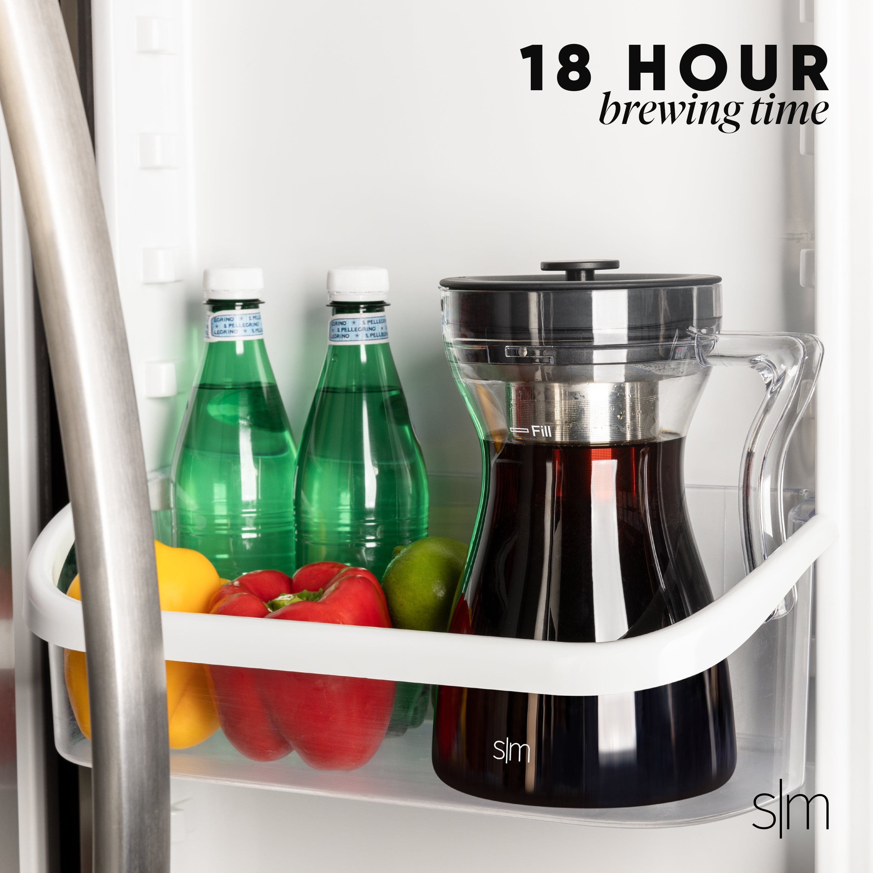 White Simple Modern pitcher with black accents sitting on a refrigerator shelf against a bright, minimalist background.