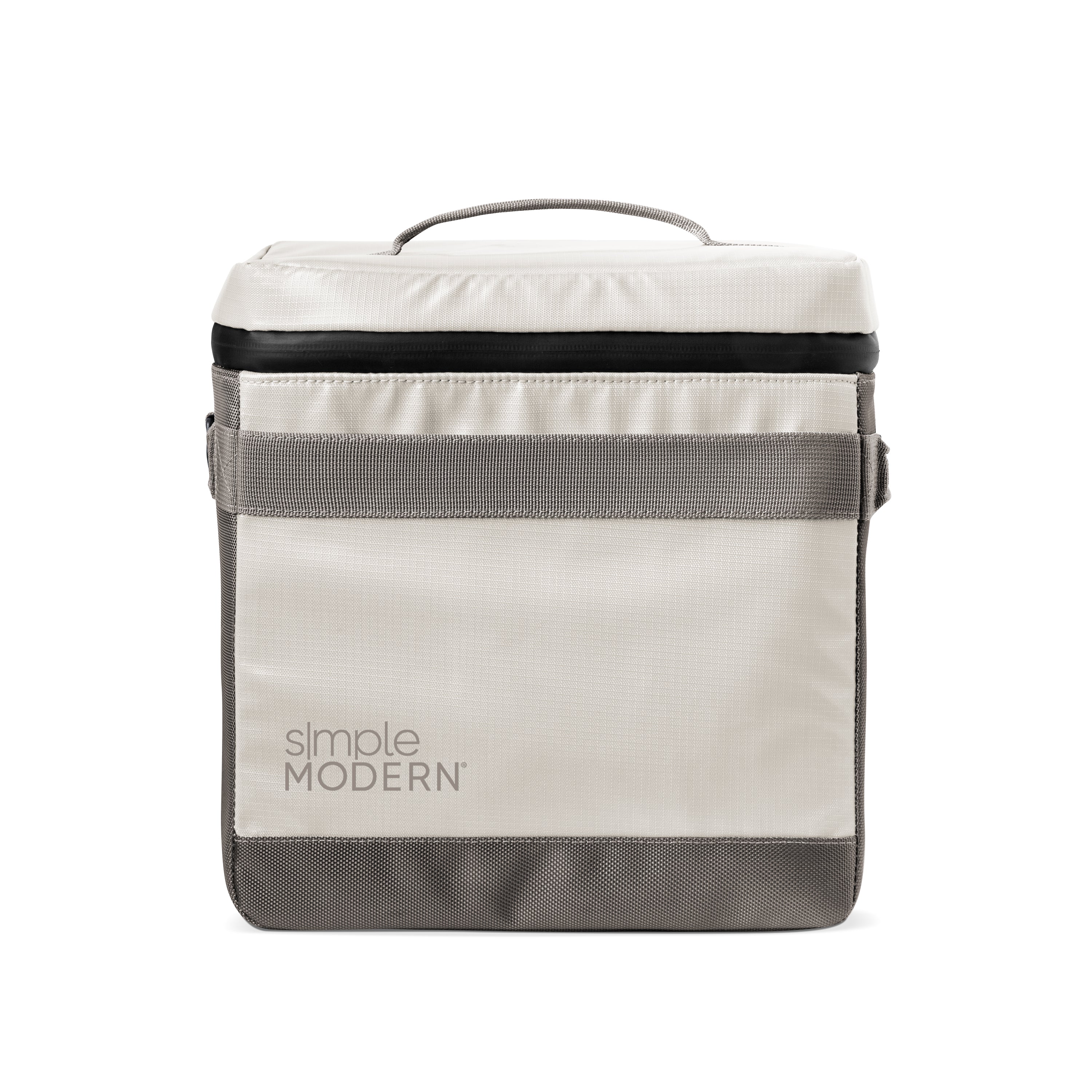 Cream and charcoal gray color block tote bag with black accent band, featuring minimalist design with structured silhouette.