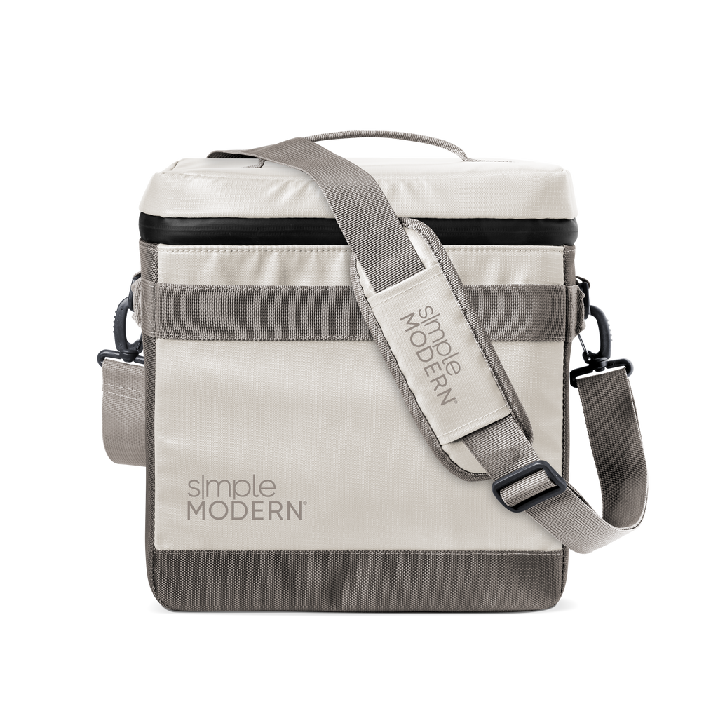 Cream and gray striped canvas bag with black trim, neutral modern design
