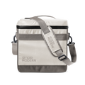 Cream and gray striped canvas bag with black trim, neutral modern design