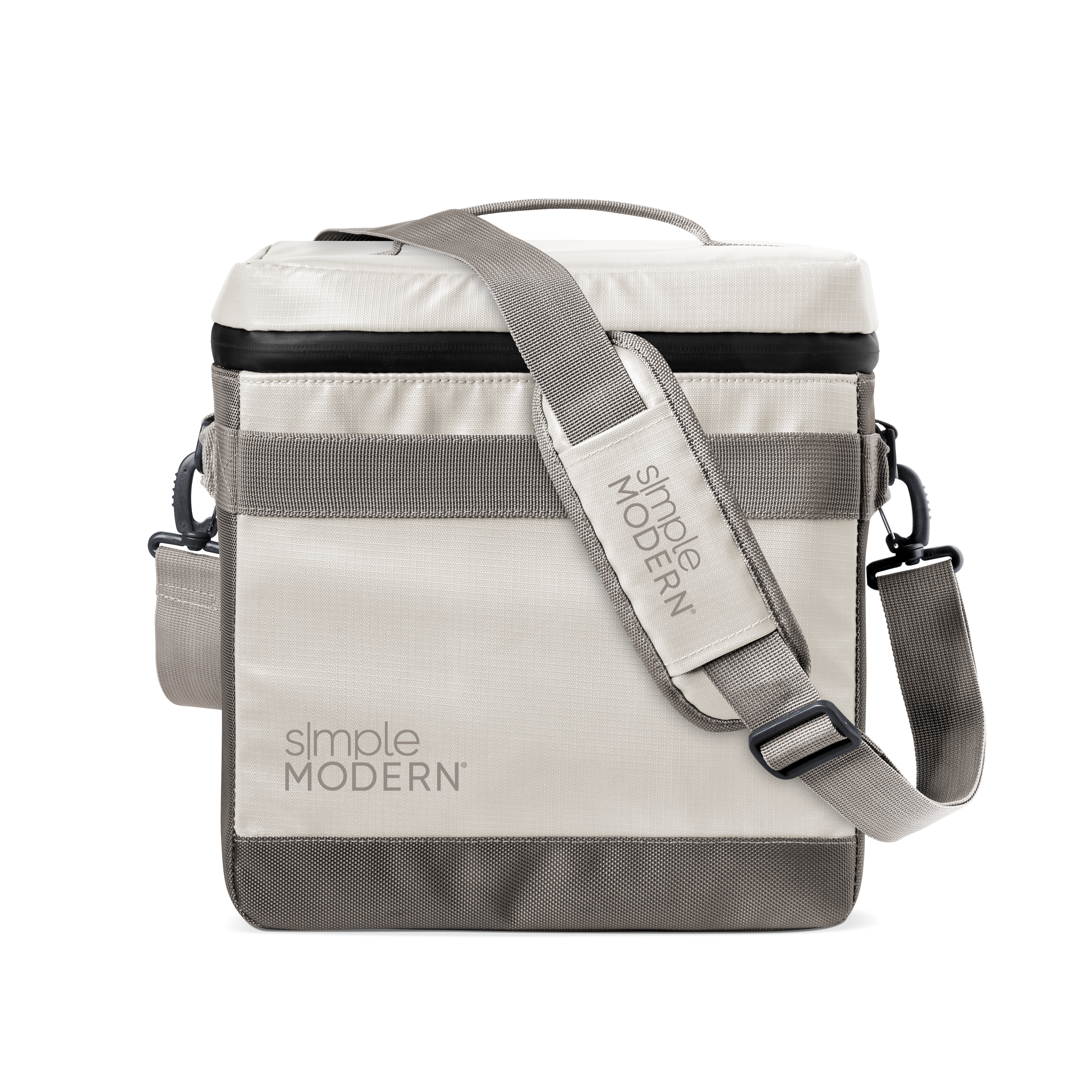 Cream and gray striped canvas bag with black trim, neutral modern design
