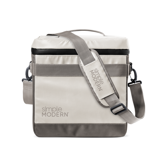 Cream and gray striped canvas bag with black trim, neutral modern design