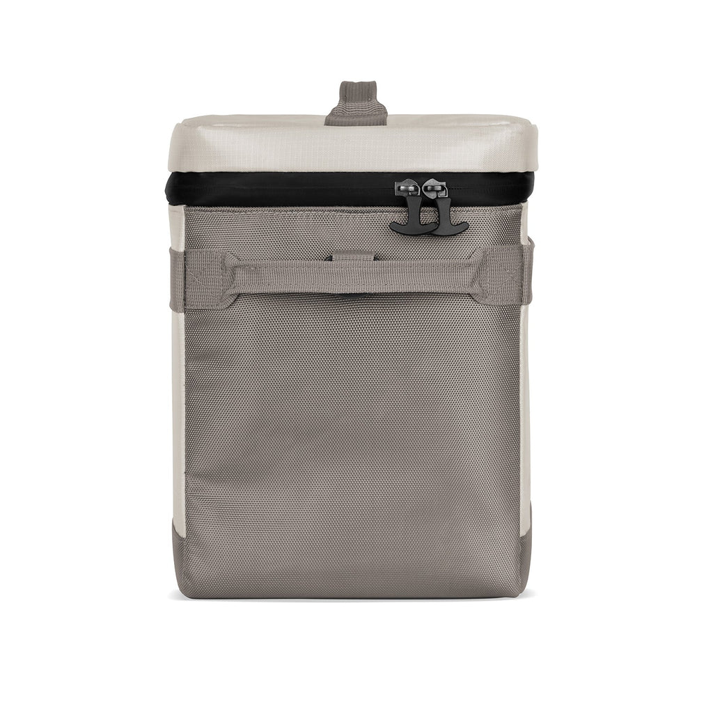 Cream and gray color-block day pack pouch with mesh fabric panels, simple modern design suitable for everyday carry.