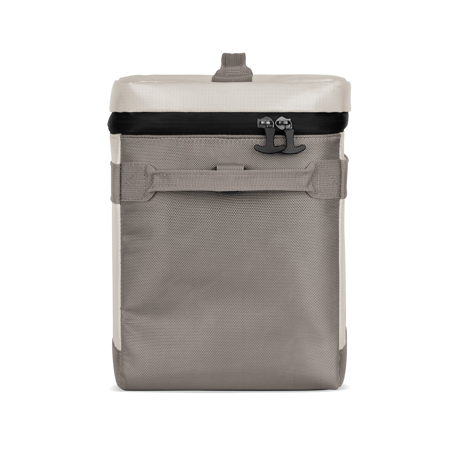 Cream and gray color-block day pack pouch with mesh fabric panels, simple modern design suitable for everyday carry.