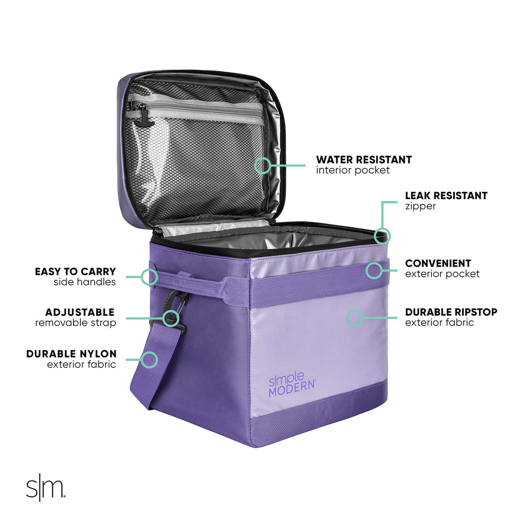 Vibrant purple and lavender two-tone clutch or bag with black interior lining, featuring color-blocked design with deep purple exterior and lighter lavender panels.
