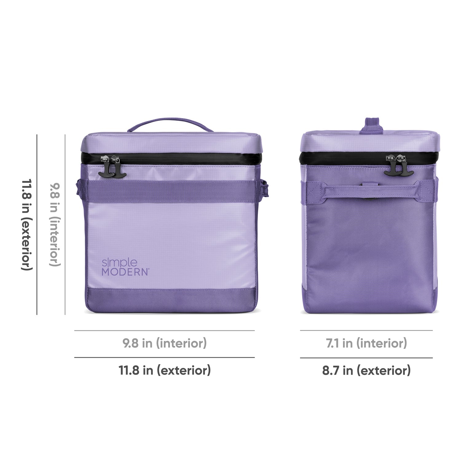 Soft lavender and light purple handbag with darker purple handles and straps, accented by black hardware and trim details