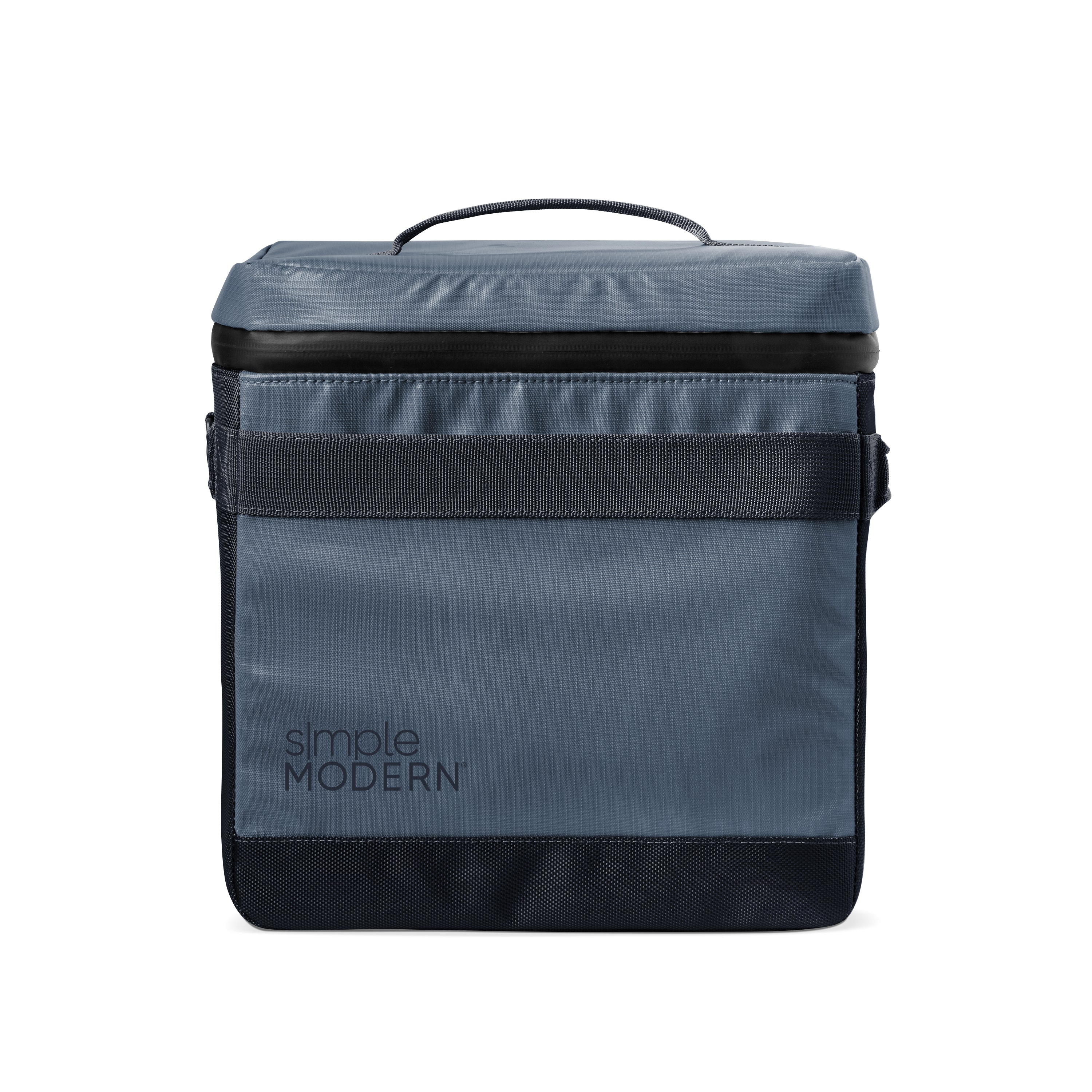 Slate blue-gray backpack with charcoal black accents and straps, featuring a cool-toned minimalist design.