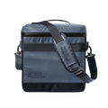 Slate blue-gray crossbody bag with black webbing strap and black accent details, modern neutral design
