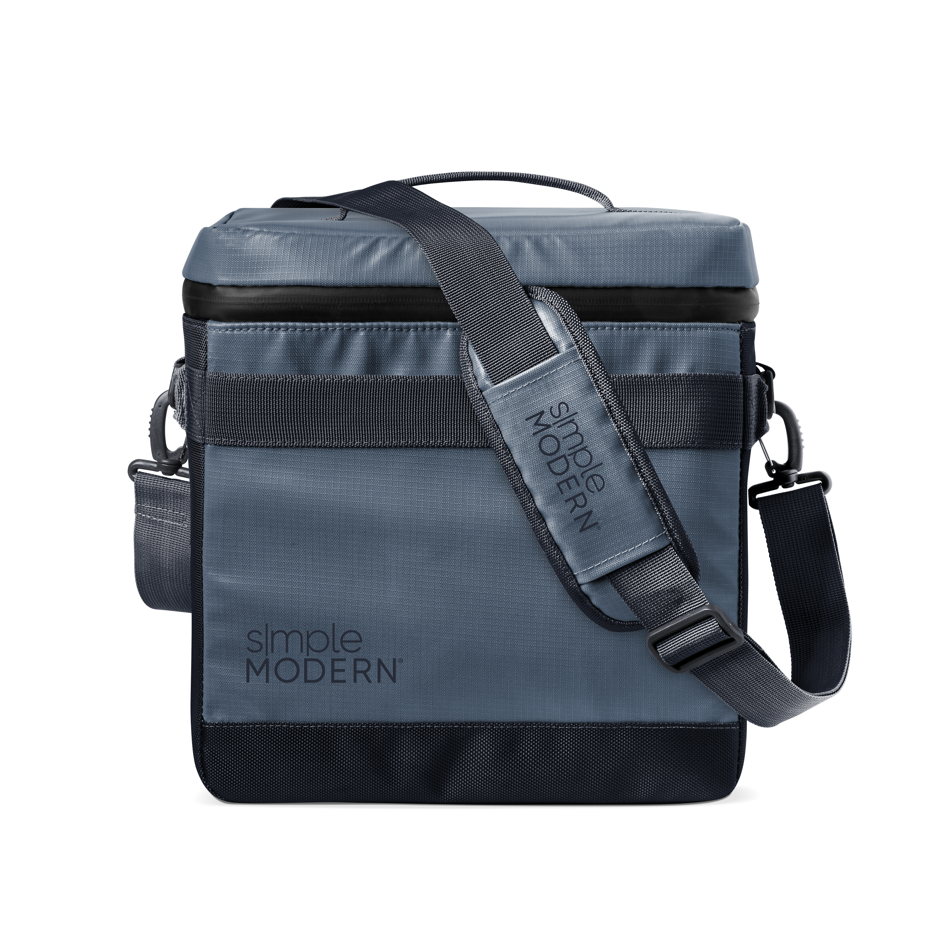 Slate blue-gray crossbody bag with black webbing strap and black accent details, modern neutral design