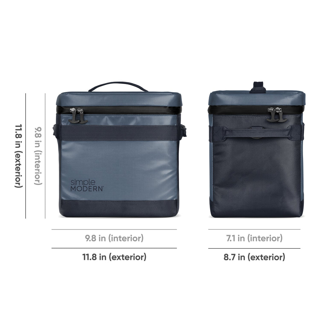 Two-toned navy and gray backpacks with color blocking design displayed against dark background