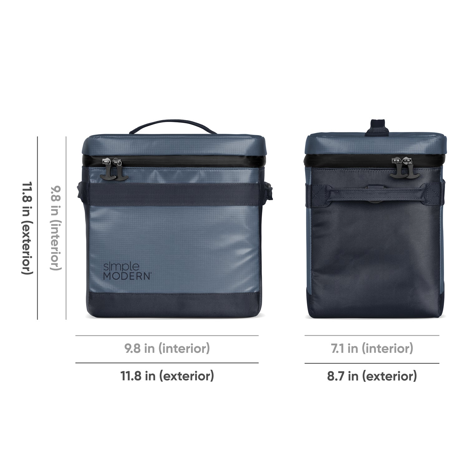 Two-toned navy and gray backpacks with color blocking design displayed against dark background