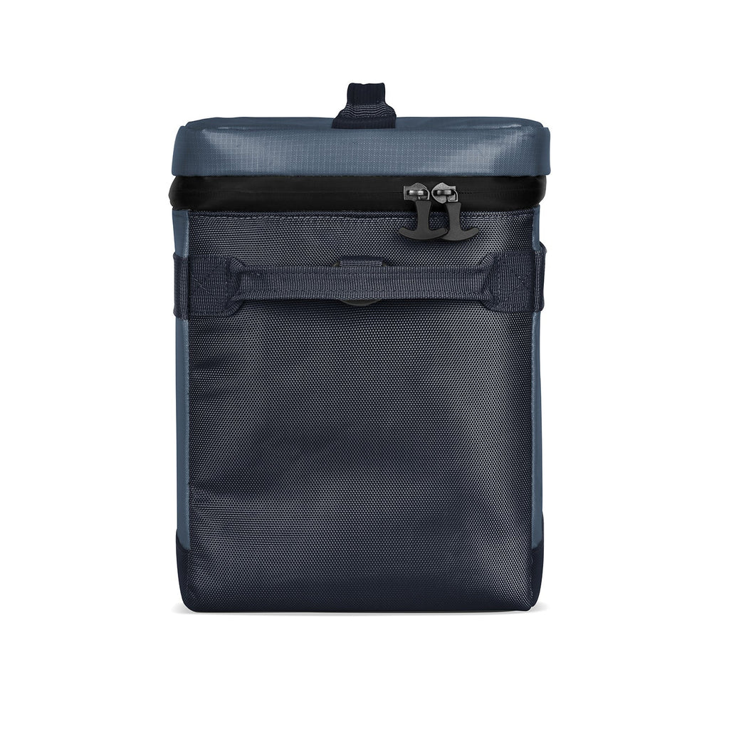 Dark navy blue fabric product with charcoal gray and black trim, straps, and hardware