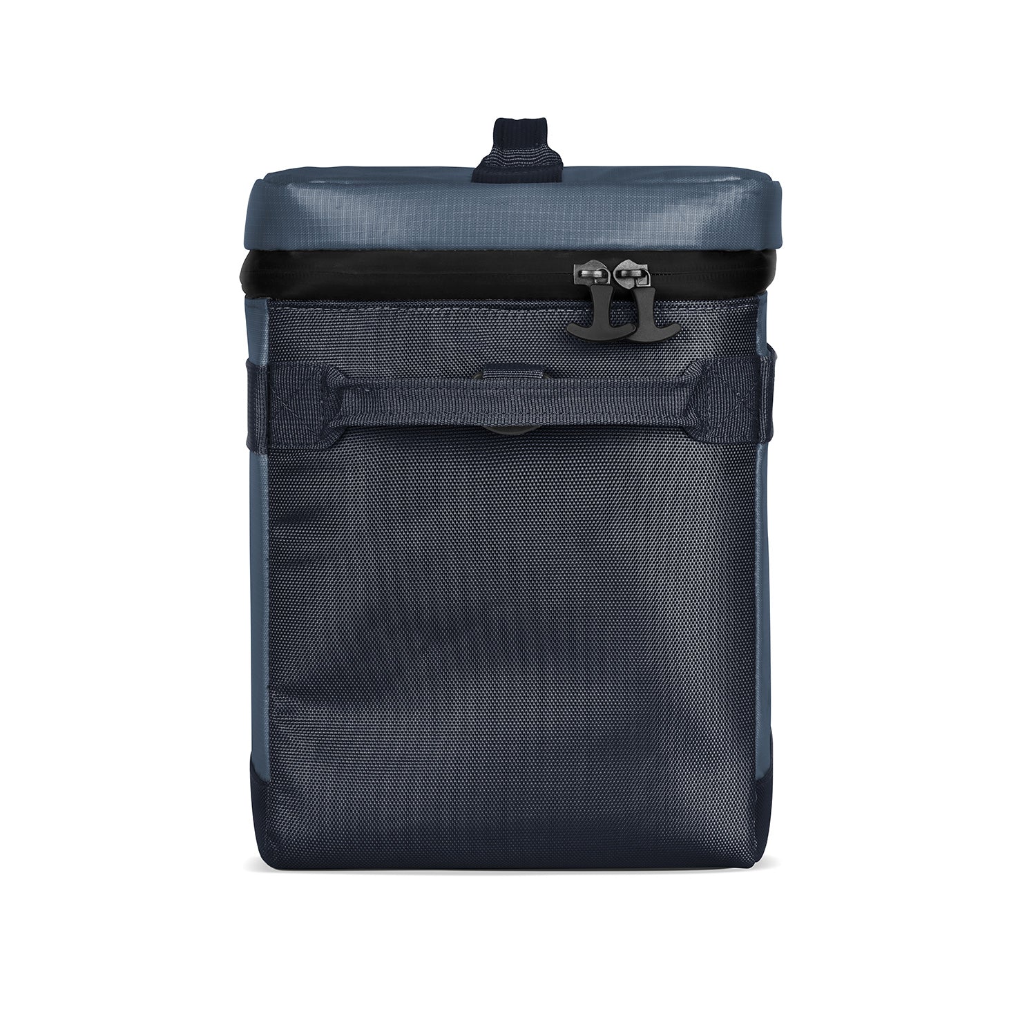 Dark navy blue fabric product with charcoal gray and black trim, straps, and hardware