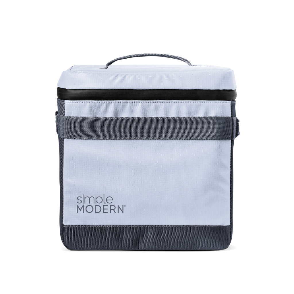 Light blue-gray tote bag with charcoal gray straps, trim, and bottom panel against a neutral background