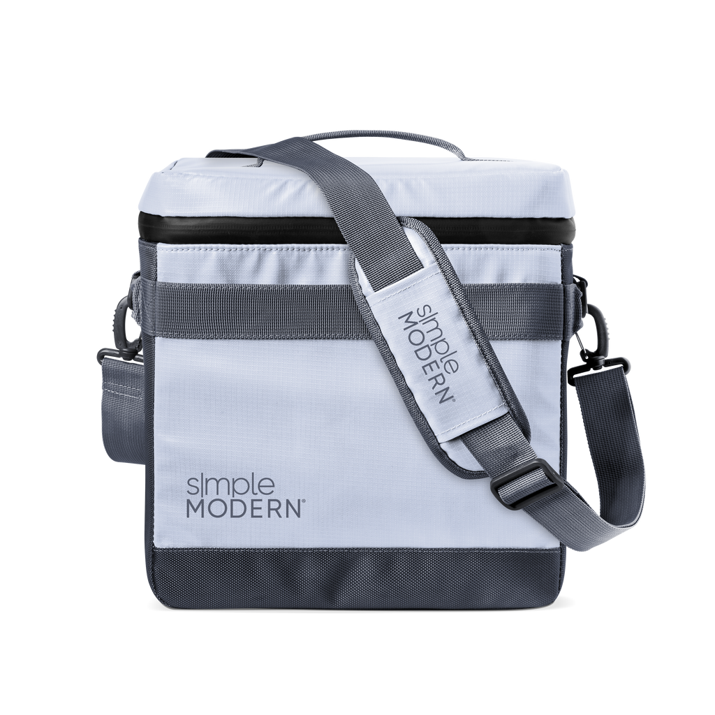 Light periwinkle blue cooler with horizontal charcoal gray and white stripes on main body