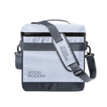 Light periwinkle blue cooler with horizontal charcoal gray and white stripes on main body