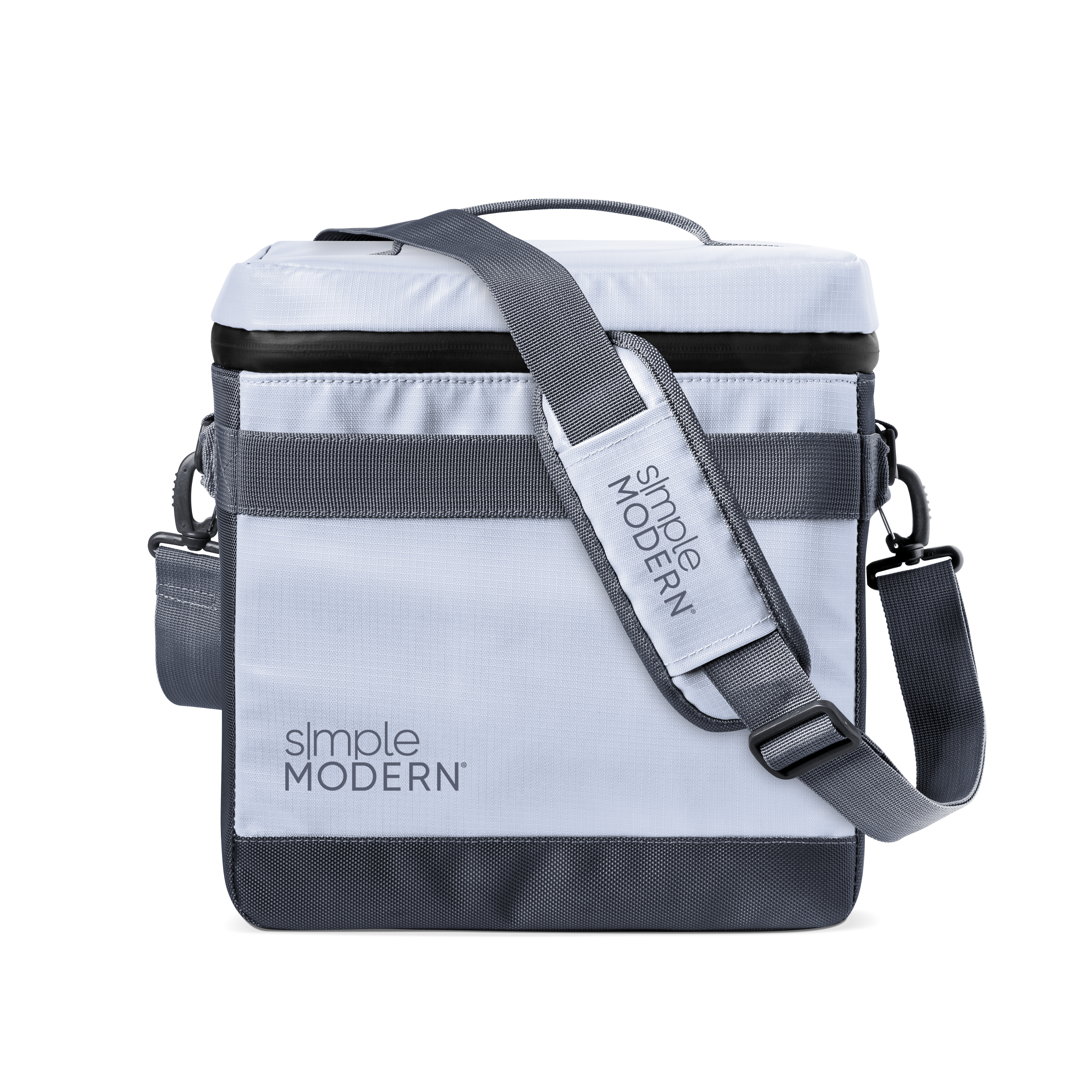 Light periwinkle blue cooler with horizontal charcoal gray and white stripes on main body