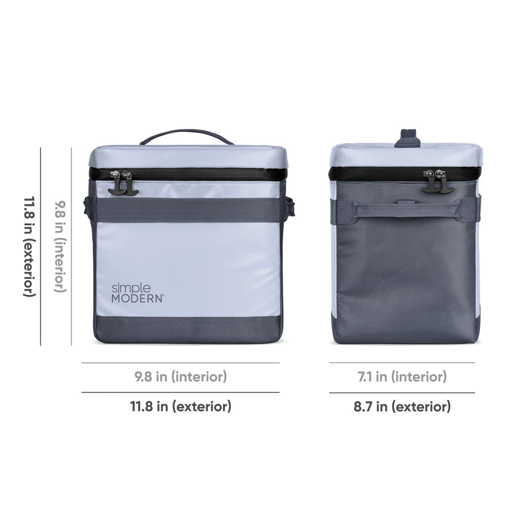 Two minimalist backpacks in light periwinkle blue and charcoal gray with white accents, displayed against a white background.