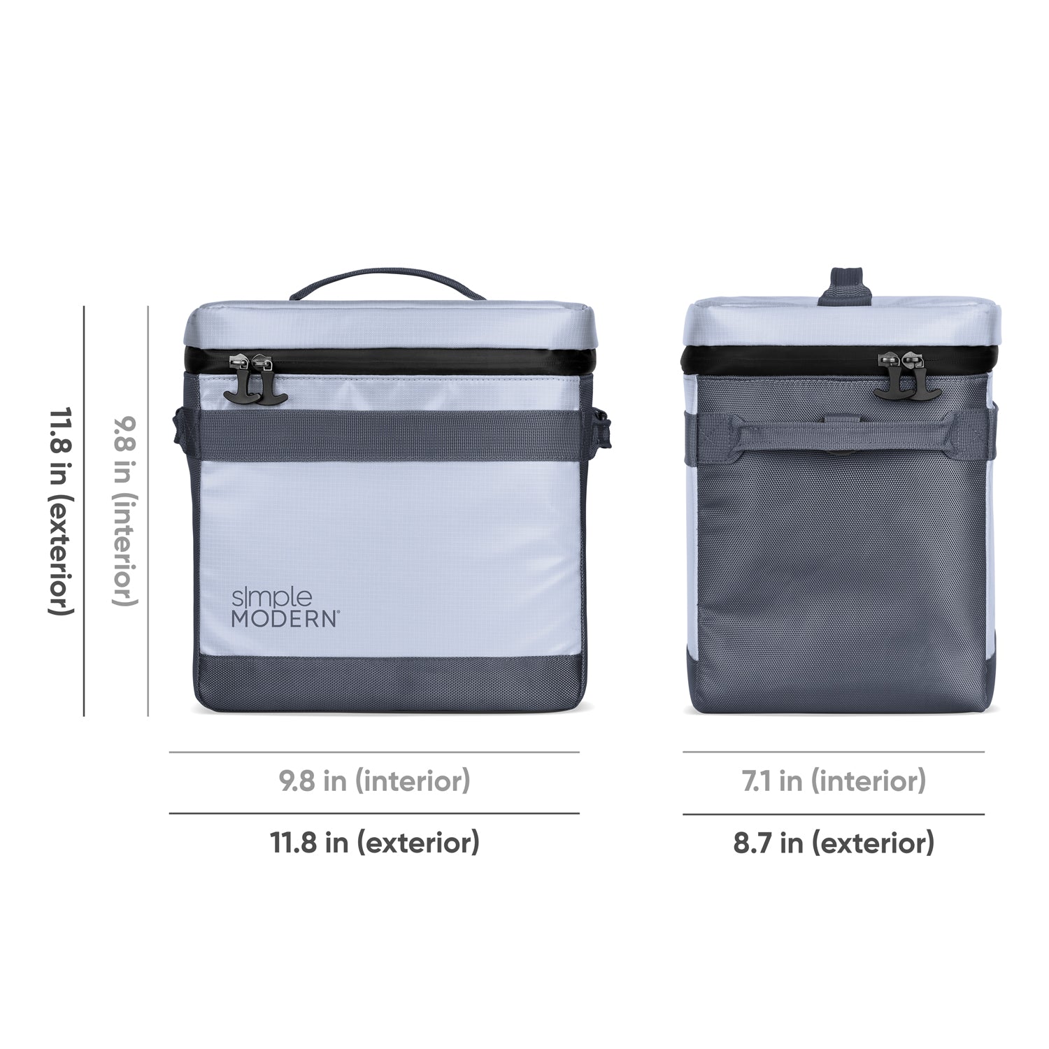 Two minimalist backpacks in light periwinkle blue and charcoal gray with white accents, displayed against a white background.