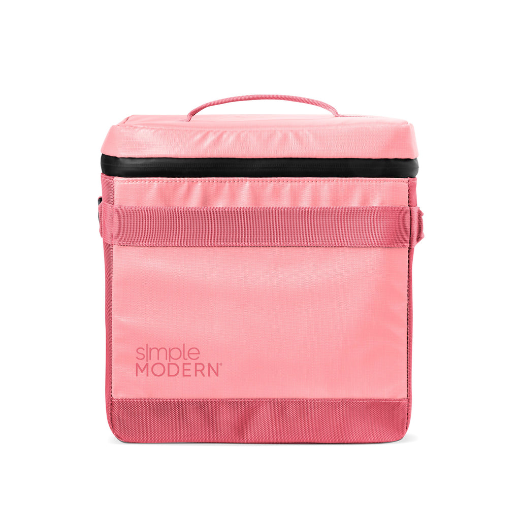 Coral pink insulated lunch bag with hot pink and magenta accents, featuring a black horizontal stripe across the upper section