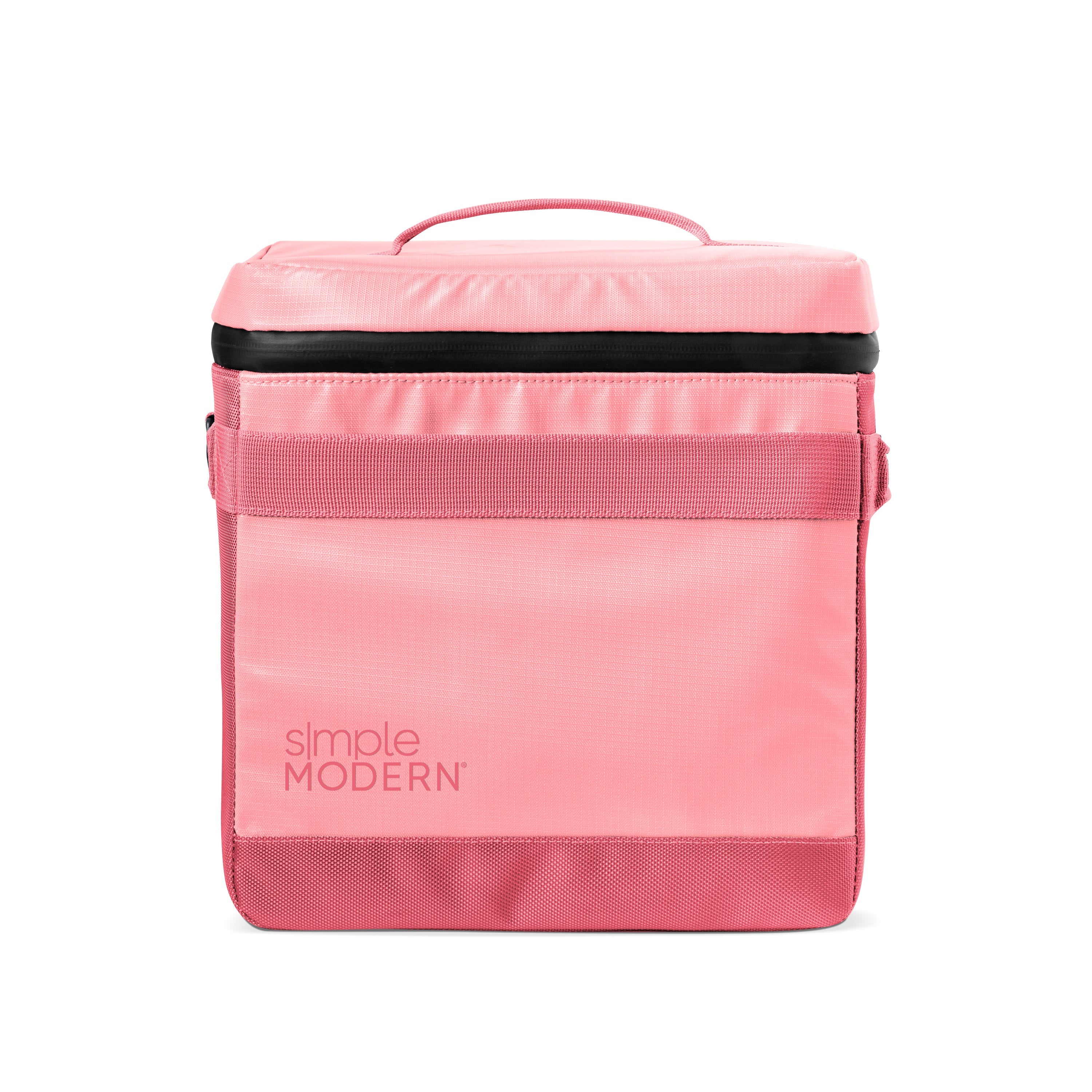 Coral pink insulated lunch bag with hot pink and magenta accents, featuring a black horizontal stripe across the upper section