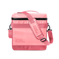 Pink and black minimalist design with soft pastel to coral tones, horizontal stripe detail, and metal hardware accents