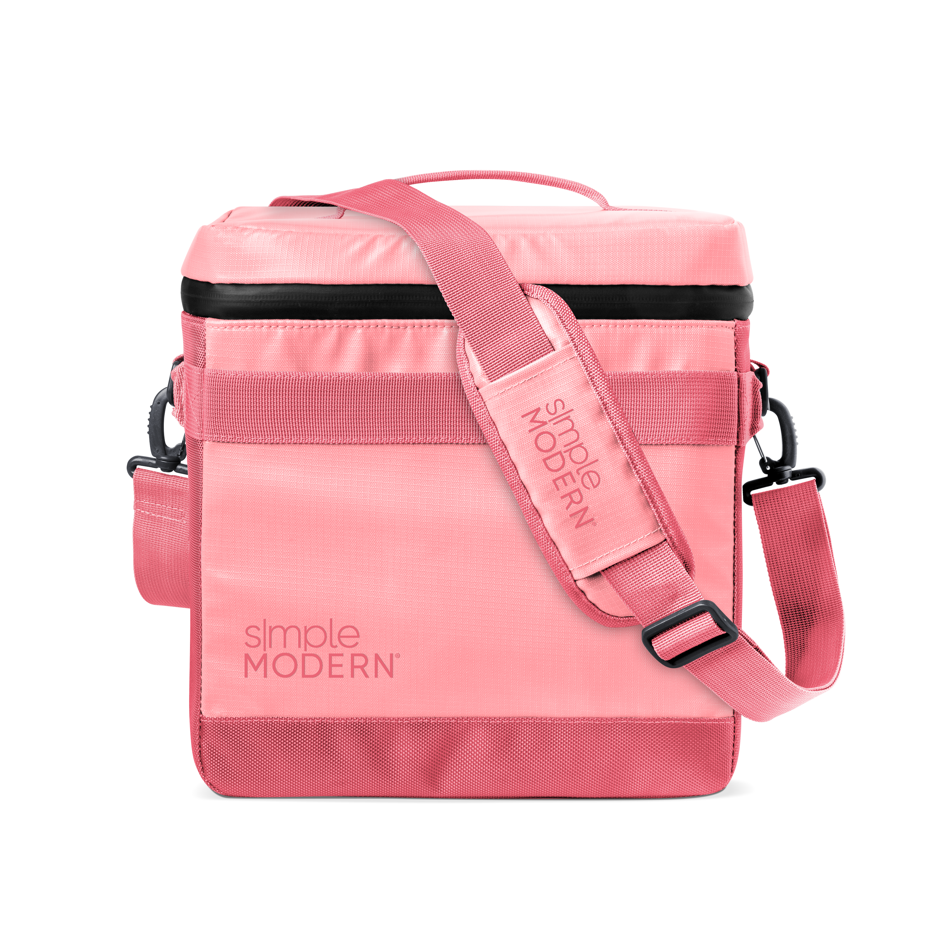 Pink and black minimalist design with soft pastel to coral tones, horizontal stripe detail, and metal hardware accents