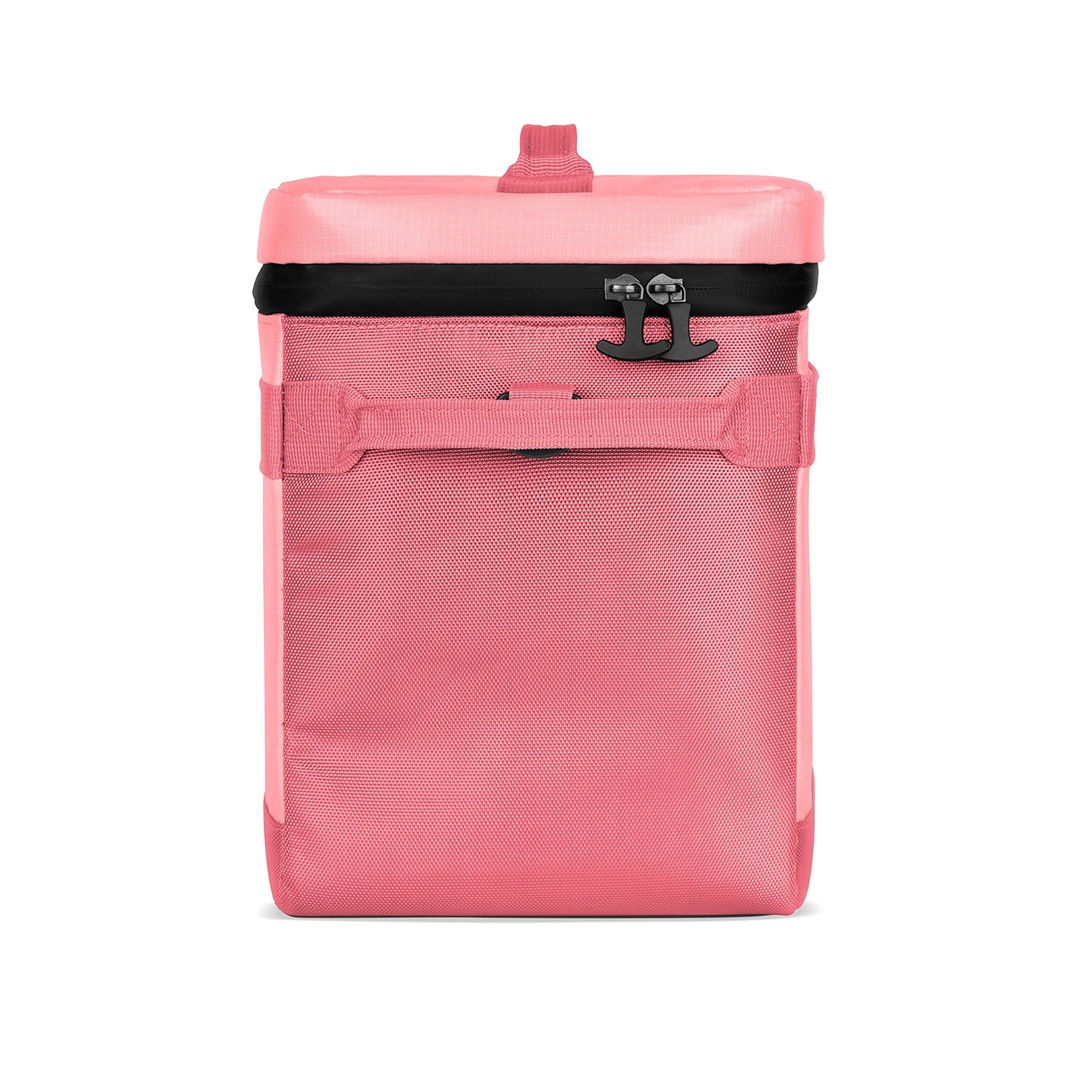 Bright candy-pink water bottle with black zipper band and hardware accents. Front view showing sleek design and closure mechanism.