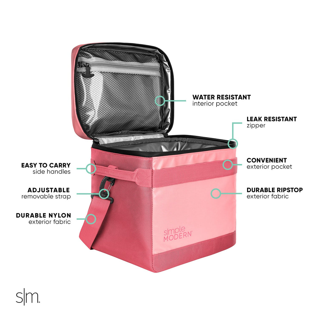 Coral pink cooler with burgundy accents on handles and bottom edge