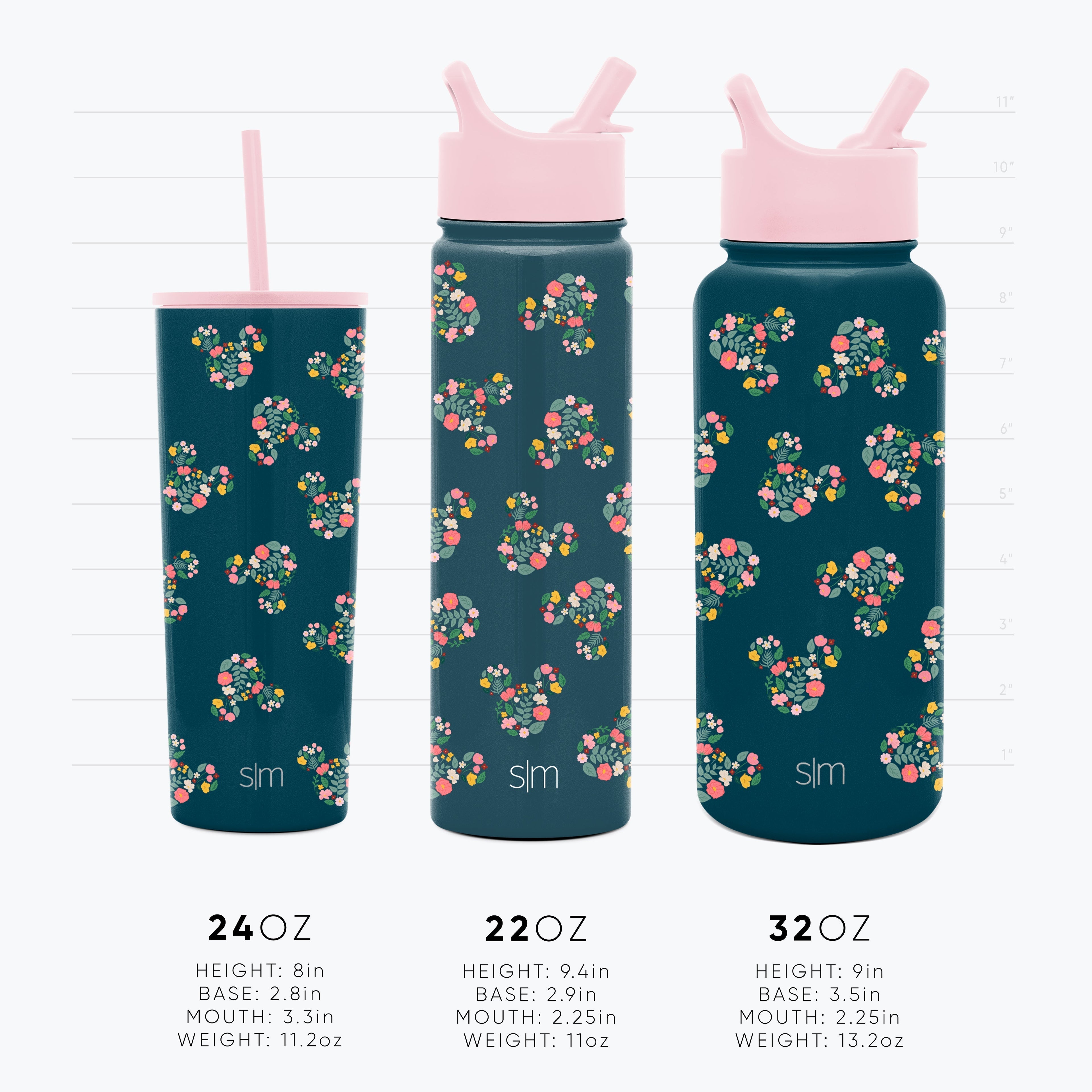 Three Disney ceramic vessels with teal-blue-green glaze featuring vibrant coral pink, pale pink, and yellow floral motifs throughout the design.