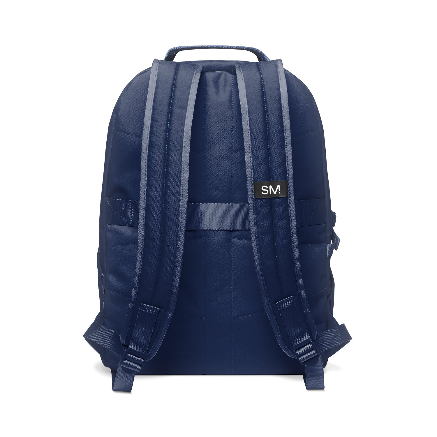 Navy blue backpack with gray straps and SM logo patch, shown from rear view against white background. Features padded shoulder straps, top handle, adjustment buckles, and quilted texture.