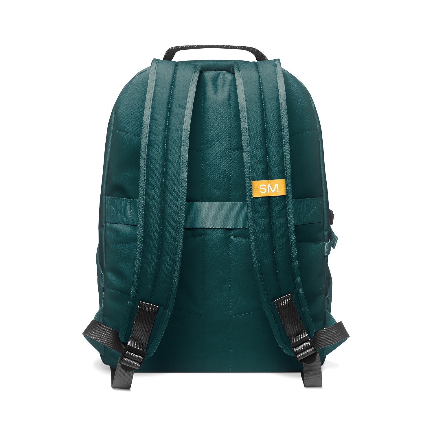 Teal and gray structured backpack with orange-yellow brand label, shown from rear view against white background. Features padded shoulder straps, black carry handle, and adjustable buckle straps.