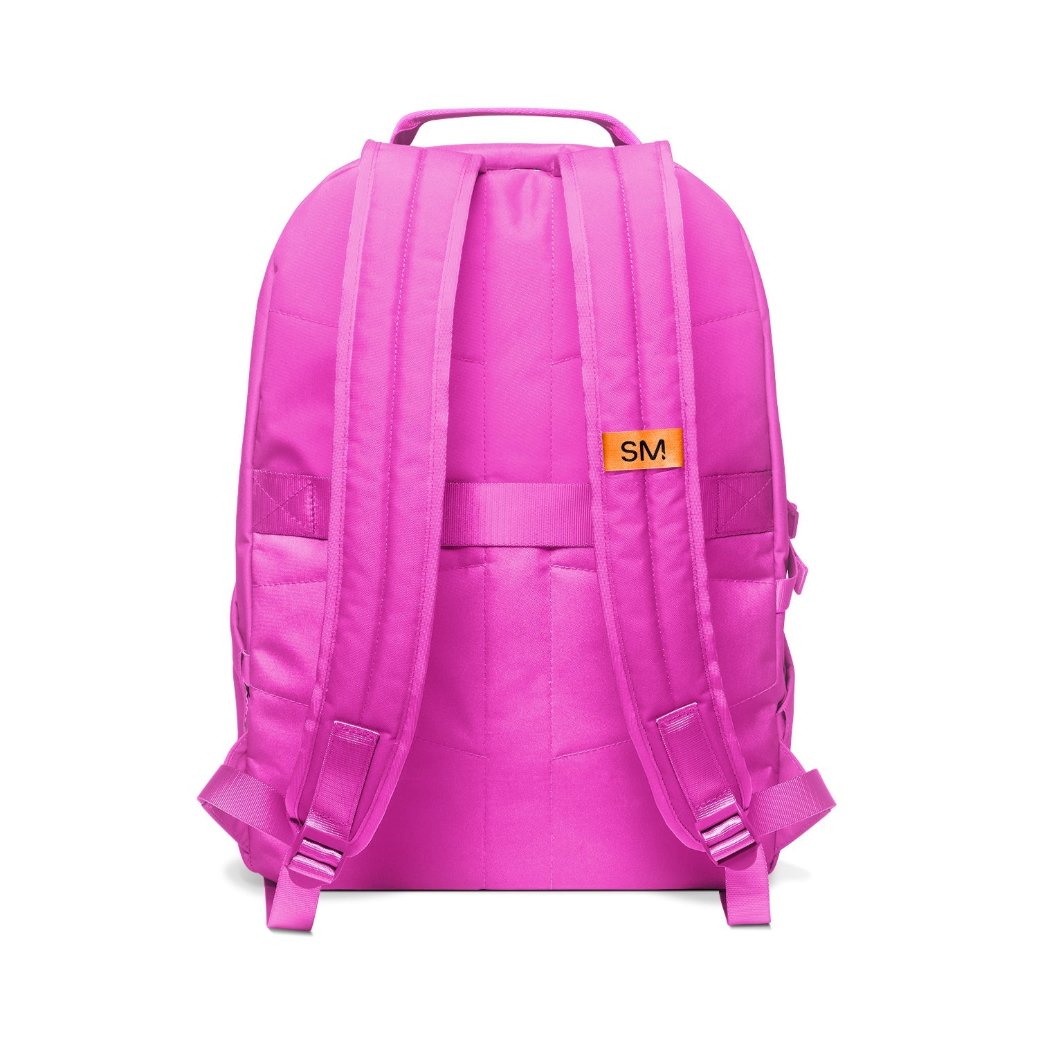 Hot pink structured backpack with yellow-orange accent patch, padded shoulder straps, top carry handle, multiple compartments, and ventilation channels. Simple Modern brand logo visible on back panel. Studio product photo.